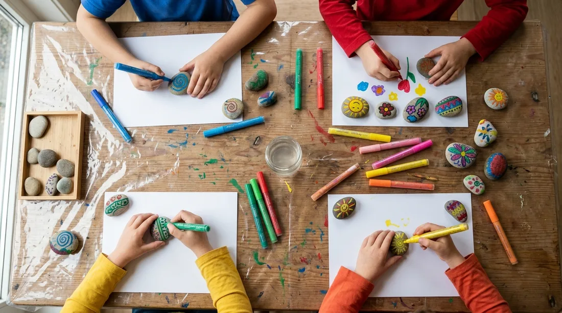 Acht Kinderhände bemalen mit Acrylstiften Papier und Kieselsteine an einem Tisch, dessen Platte nur zur Hälfte mit Folie abgedeckt ist