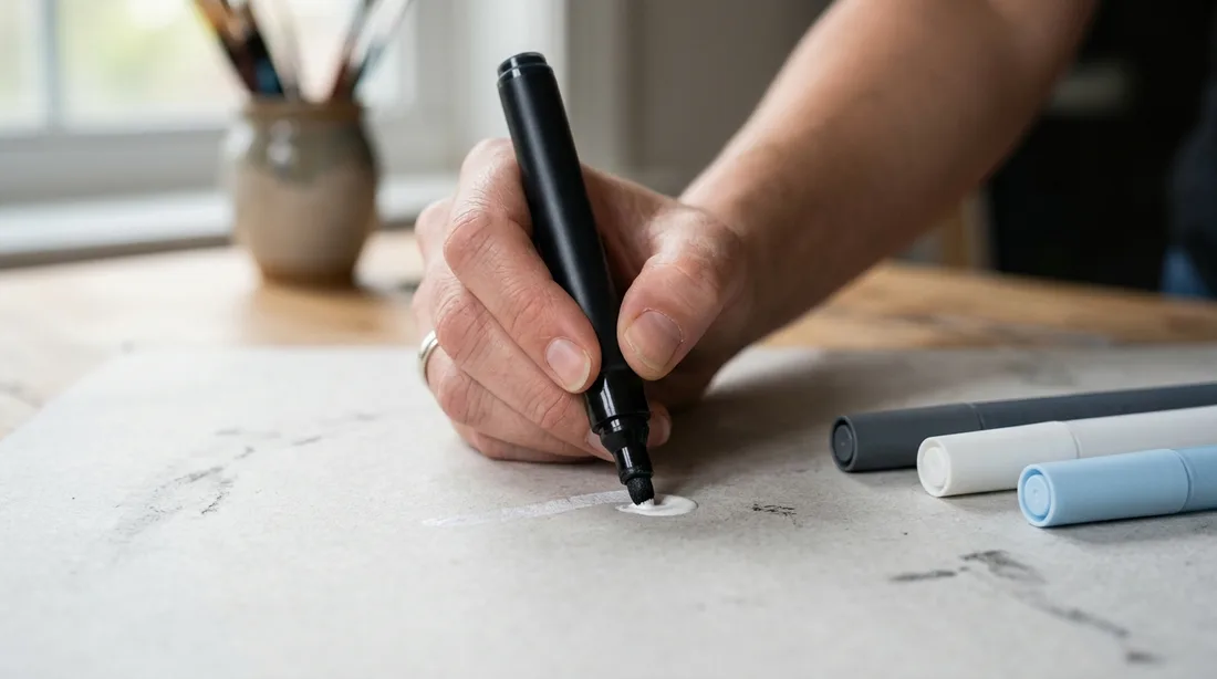 Ein Acrylstift wird mit der Spitze auf einer Unterlage angepumpt, daneben liegen weitere Stifte