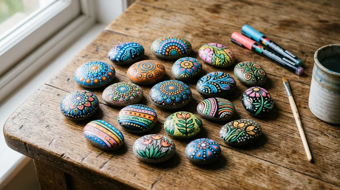 Mit Acrylstiften bemalte Kieselsteine mit Mandalas, Punktreihen und Blütenmustern auf einem Holztisch, daneben Pinsel und ein Wassertopf