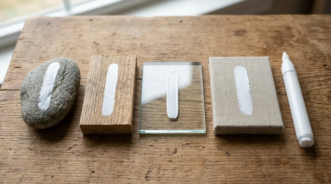 Striche eines Acrylstifts nebeneinander auf Stein, Holz, Glas und Leinwand