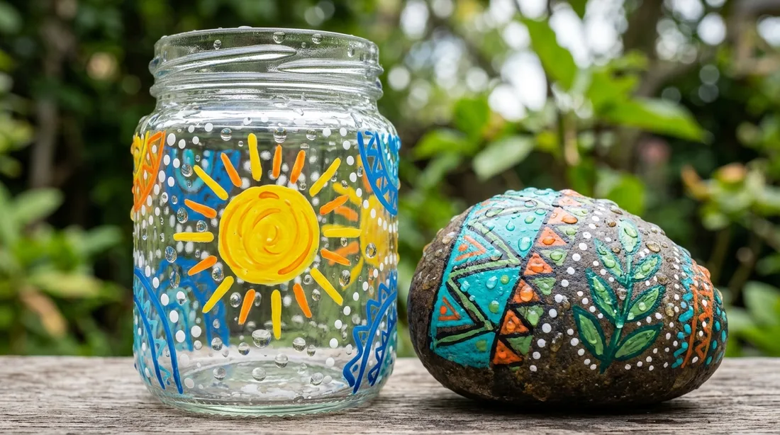 Wassertropfen perlen auf einem mit Acrylstift bemalten Glas und einem bemalten Stein ab